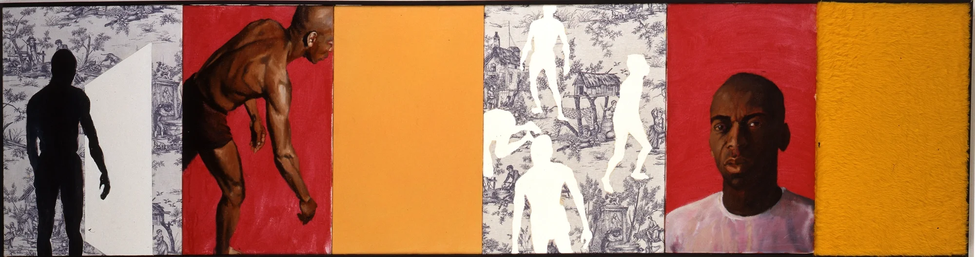 Long horizontal polyptych with a figure stretched across multiple panels