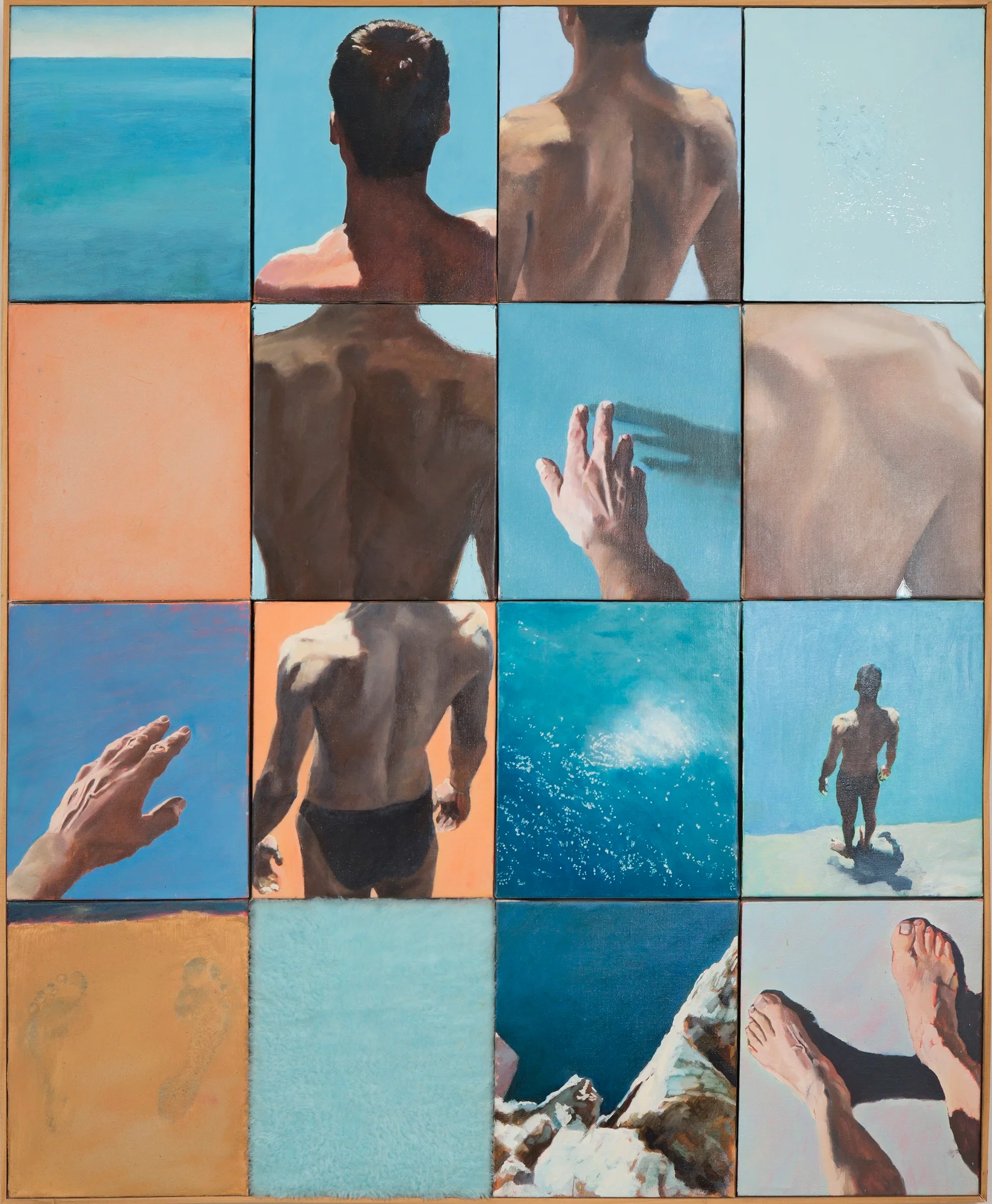 Large multi-panel painting of a diver suspended above sea fragments