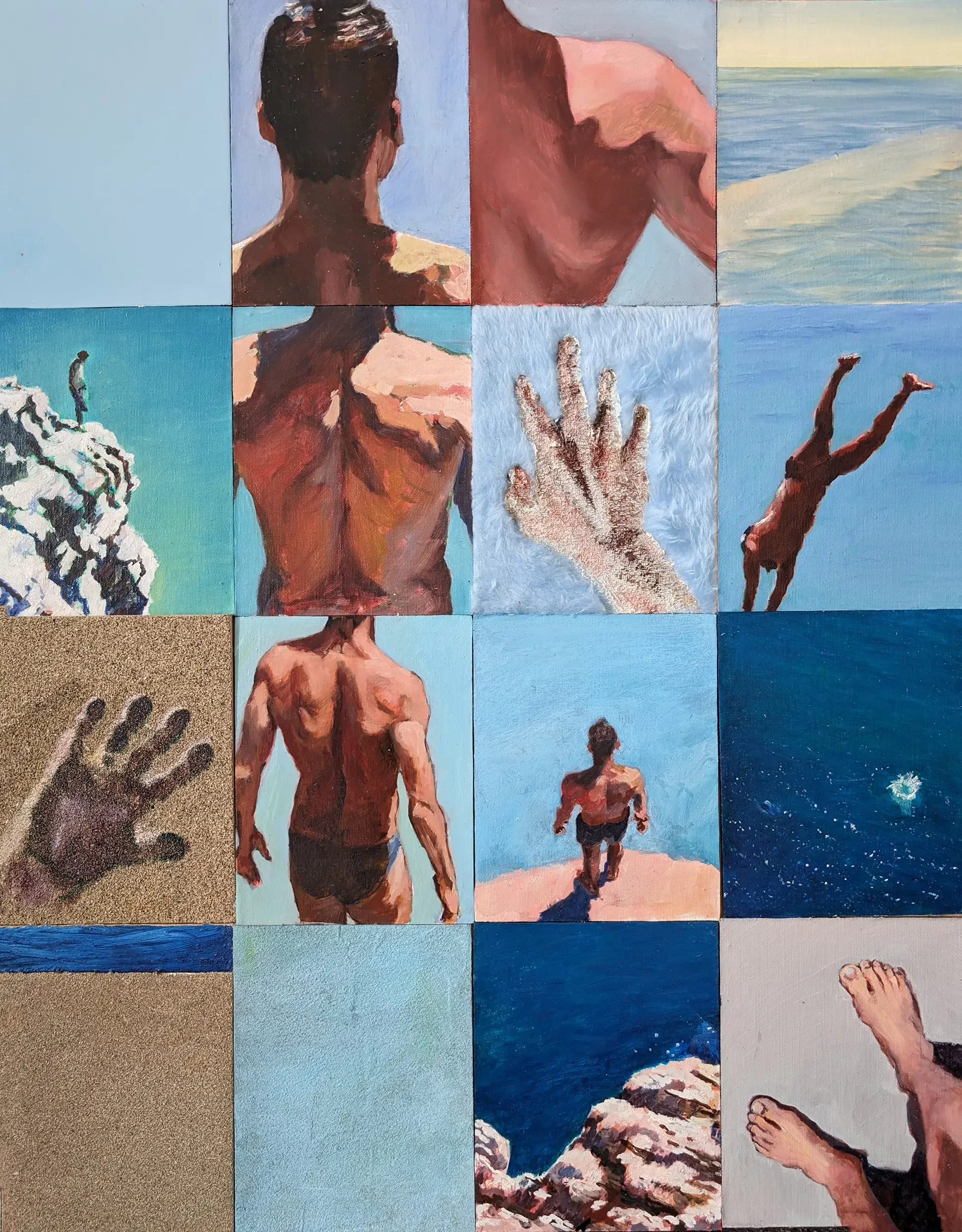 Recent multi-panel painting of a diver suspended in movement
