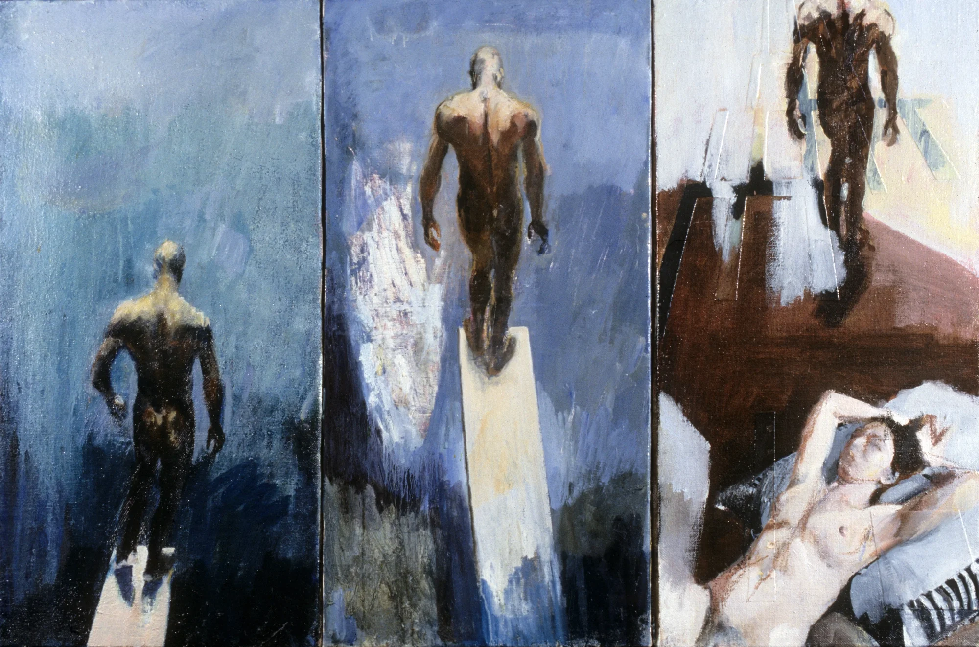 Triptych with reclining woman and diver in a dream-like scene