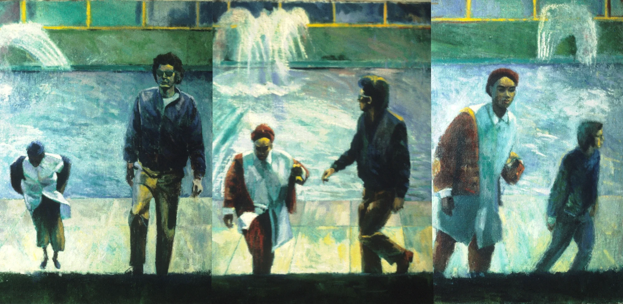 Triptych showing two figures in a suspended Trocadero composition