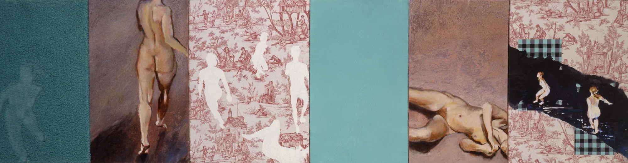 Horizontal polyptych of nude dancing figures in wandering movement