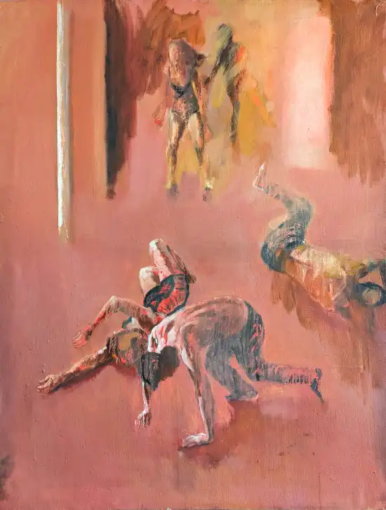 Large explosive composition of dancers in mid-performance