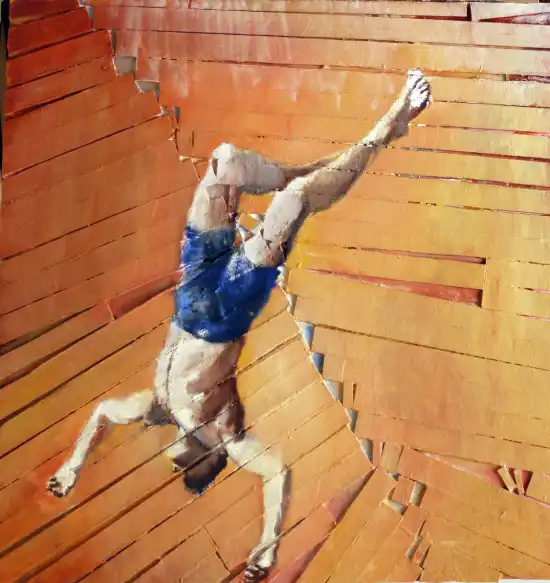 Male figure spinning in mid-air against fragmented red wood strips