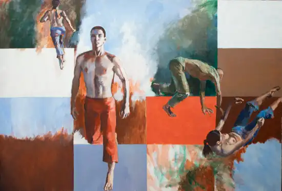 Two dancers falling in front of a colourful geometric studio background