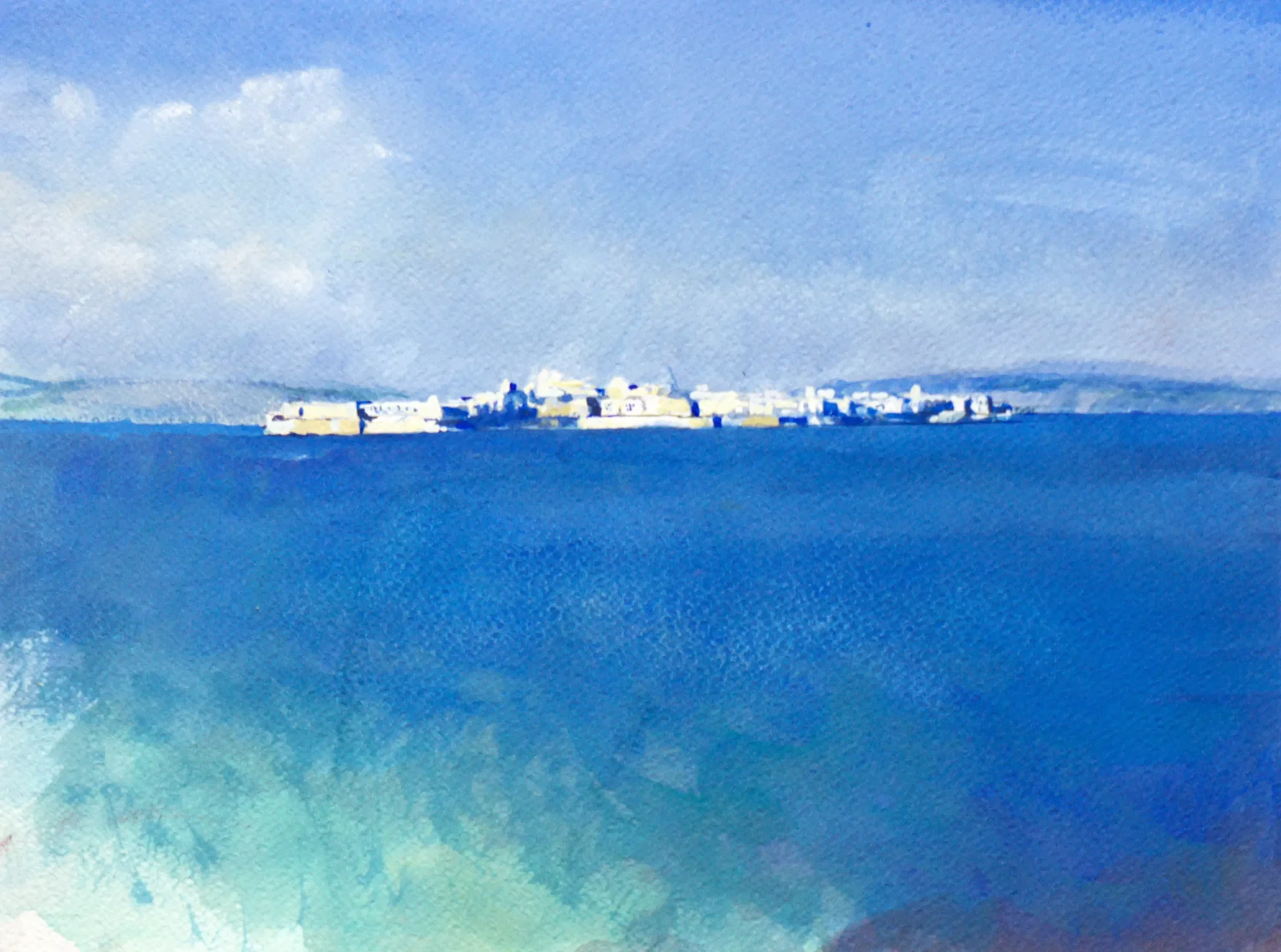 Gouache painting of bright sea with a distant island near Siracusa