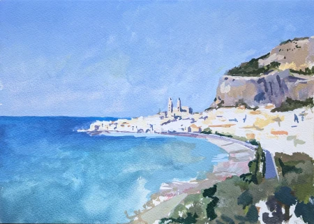 Gouache painting of Cefalù with the Cathedral and La Rocca