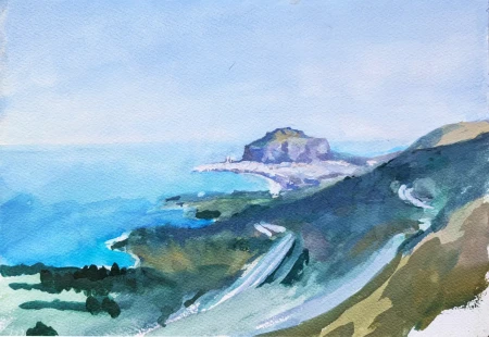 Gouache painting of Cefalù and La Rocca from afar