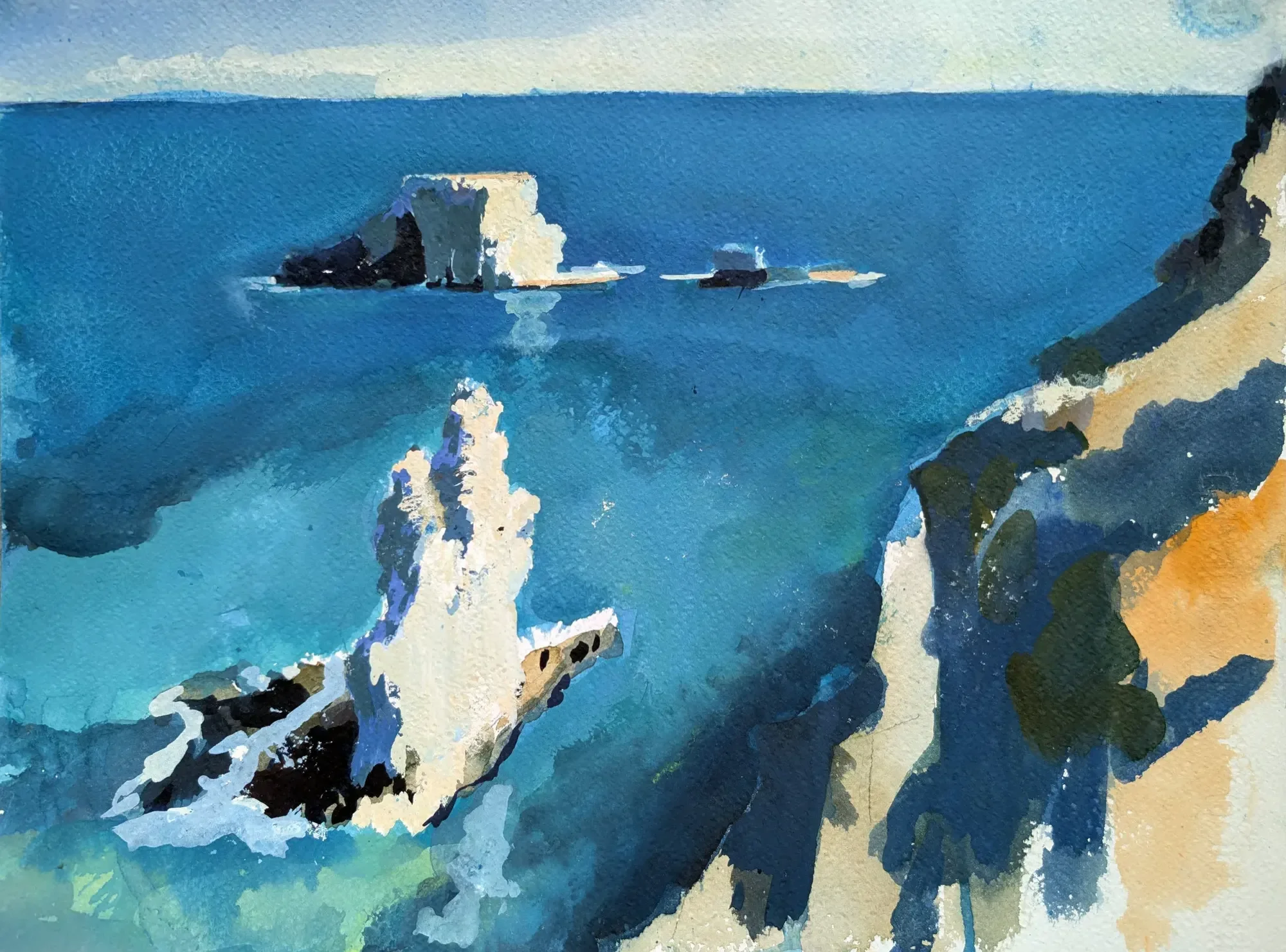 Gouache painting of sea stacks seen from cliffs near Siracusa