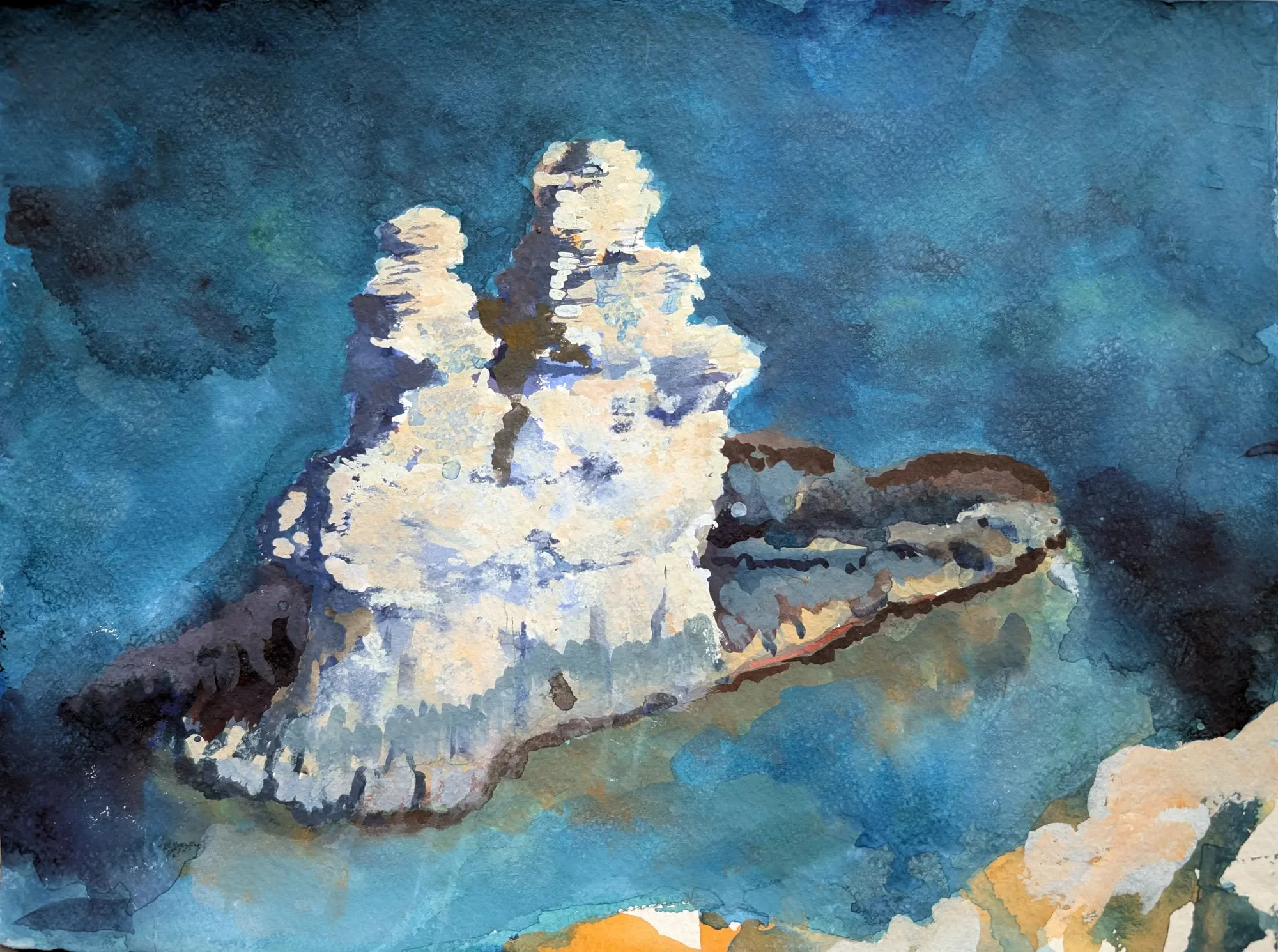 Gouache painting of a tall sea stack near Siracusa