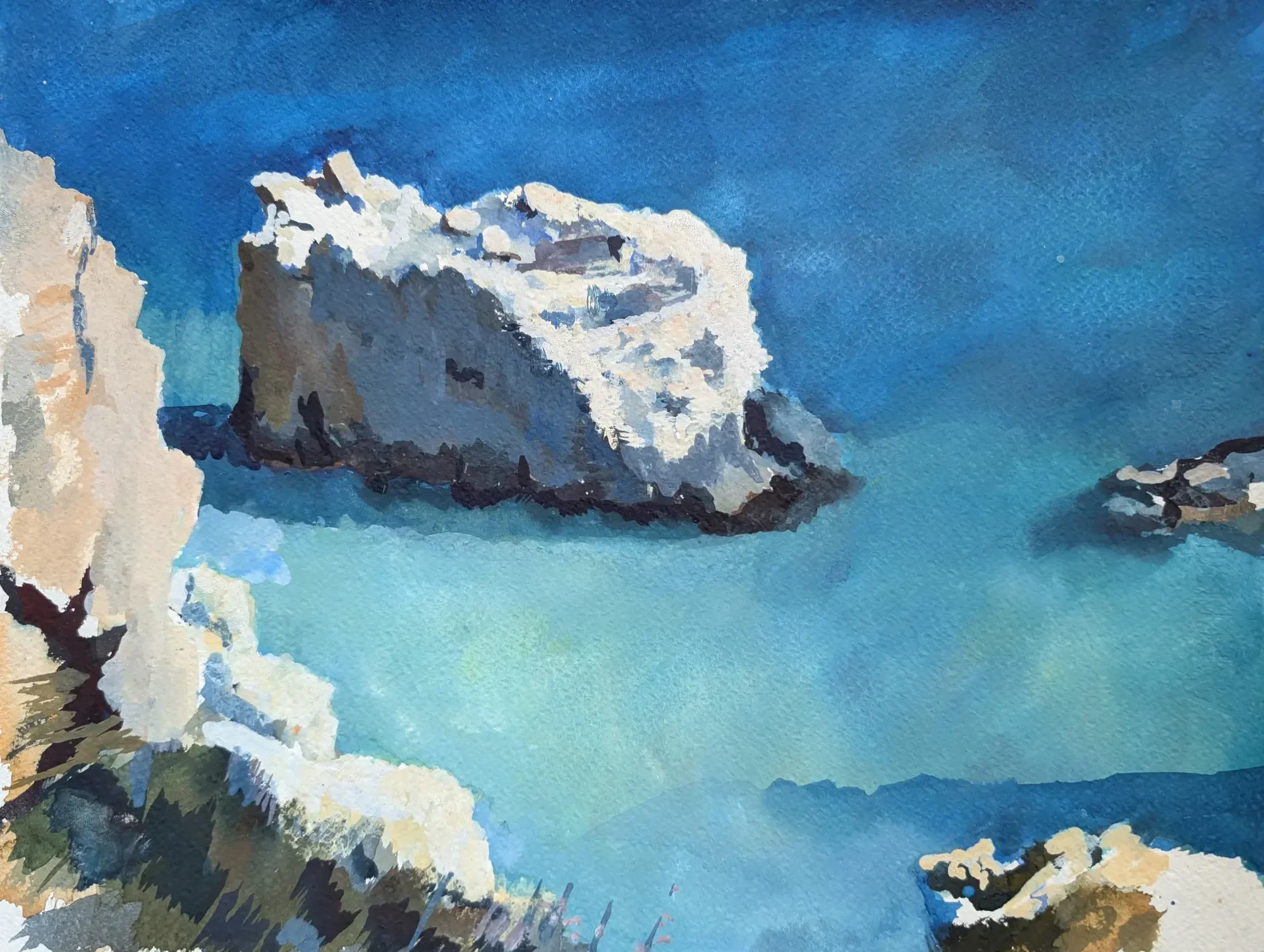Gouache painting of sea stacks seen from cliffs near Siracusa