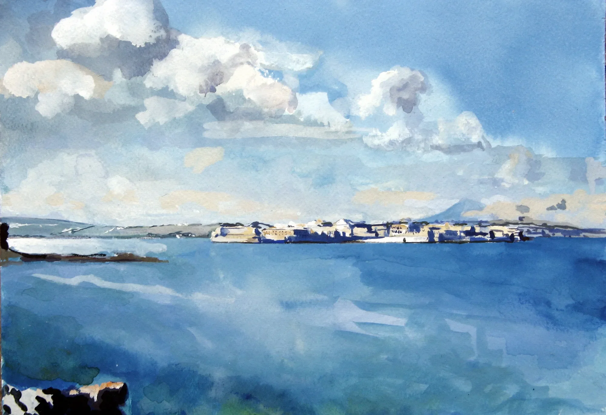 Panoramic gouache seascape of Ortigia with clouds and Mount Etna in the distance