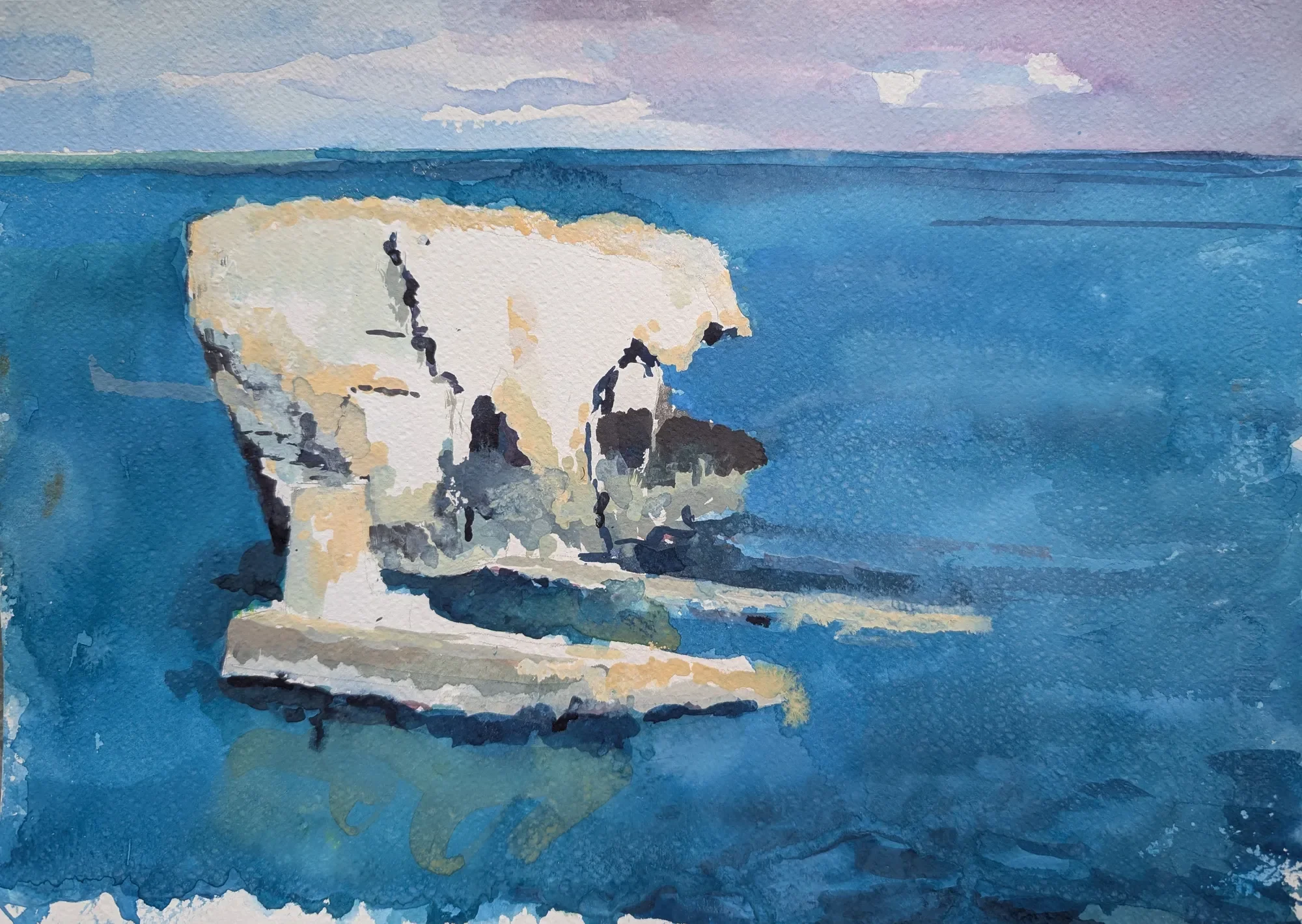 Gouache painting of the Due Fratelli sea stacks near Siracusa