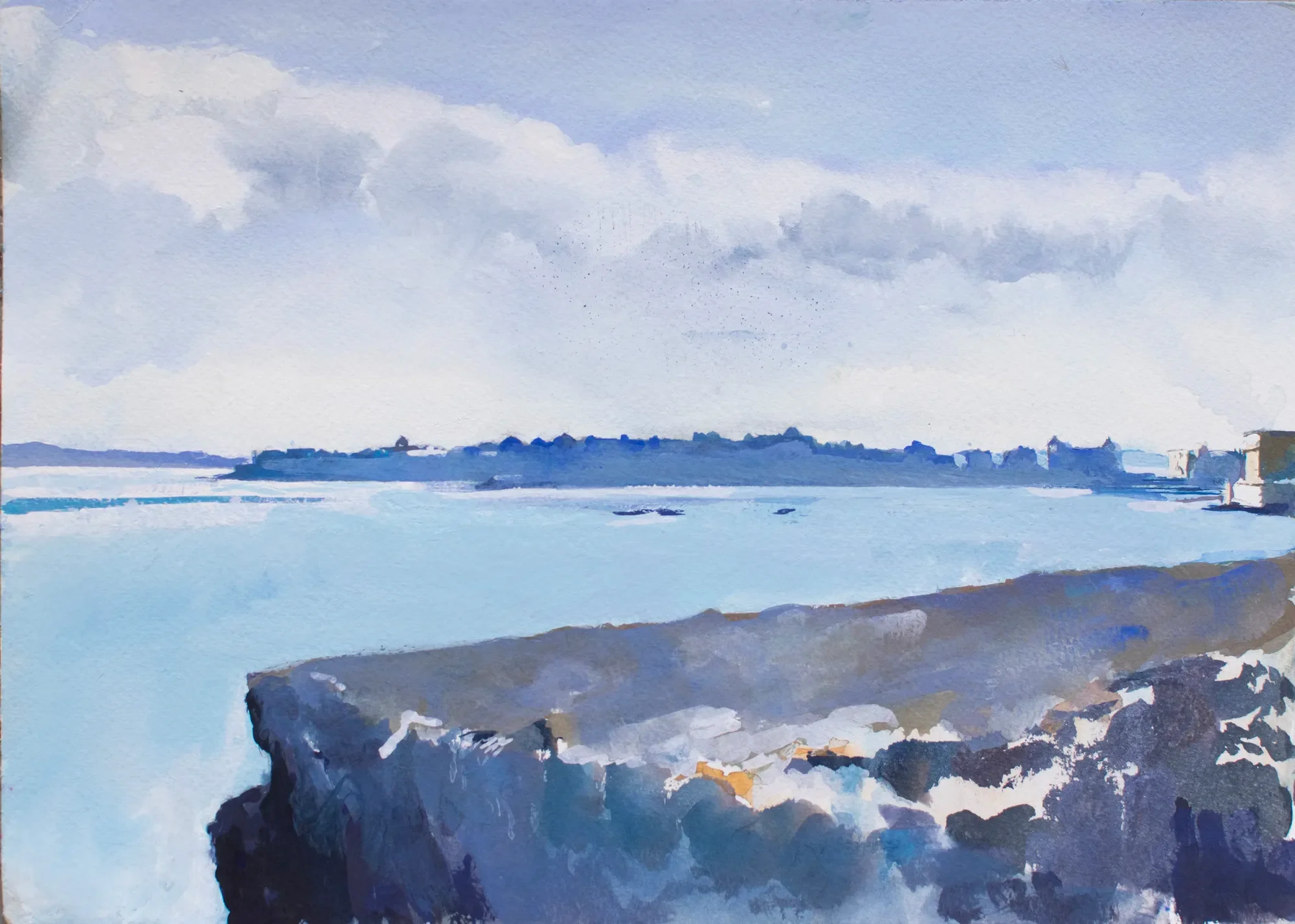 Gouache painting of morning light over Ortigia