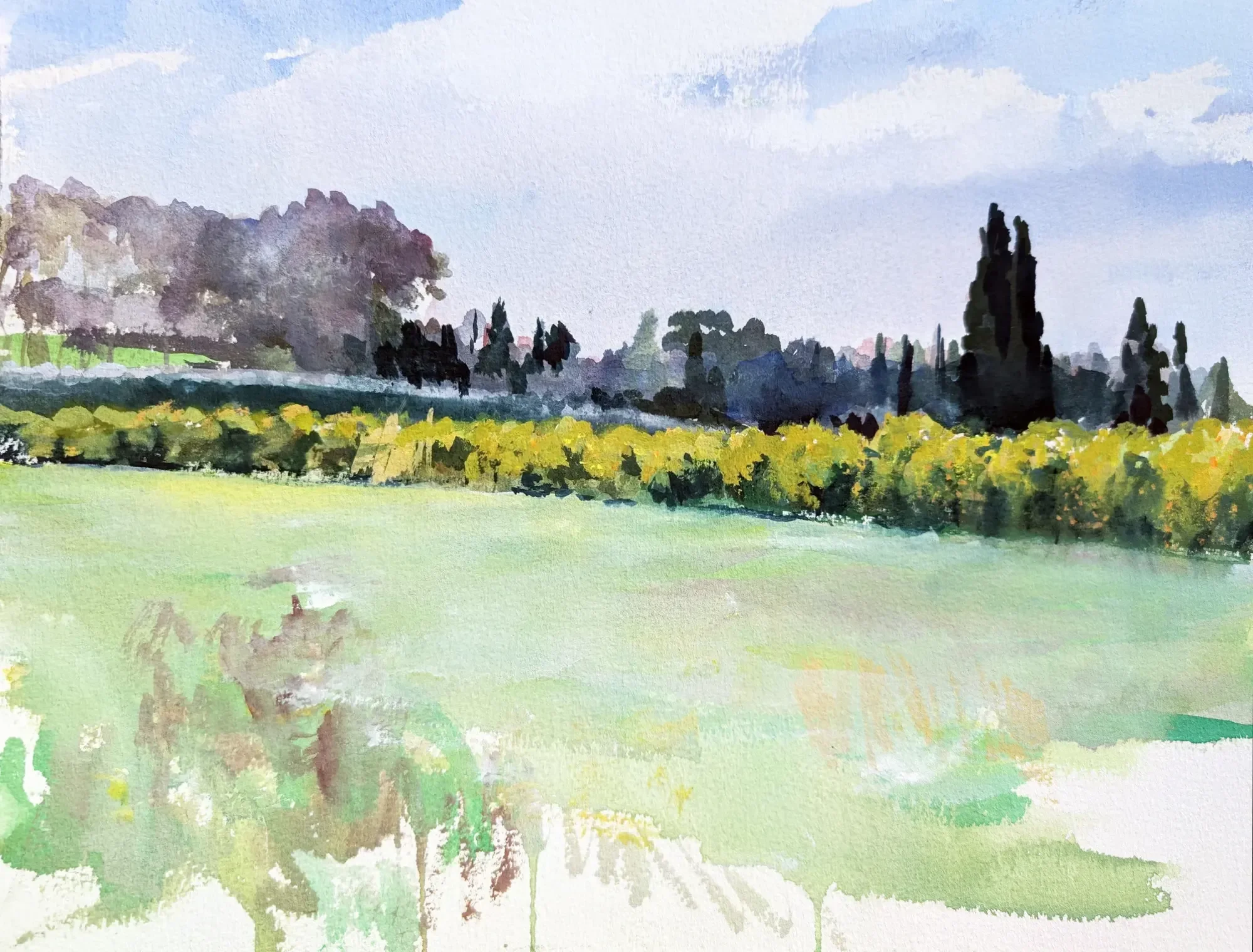 Gouache painting of Sicilian landscape with an orange tree near Siracusa