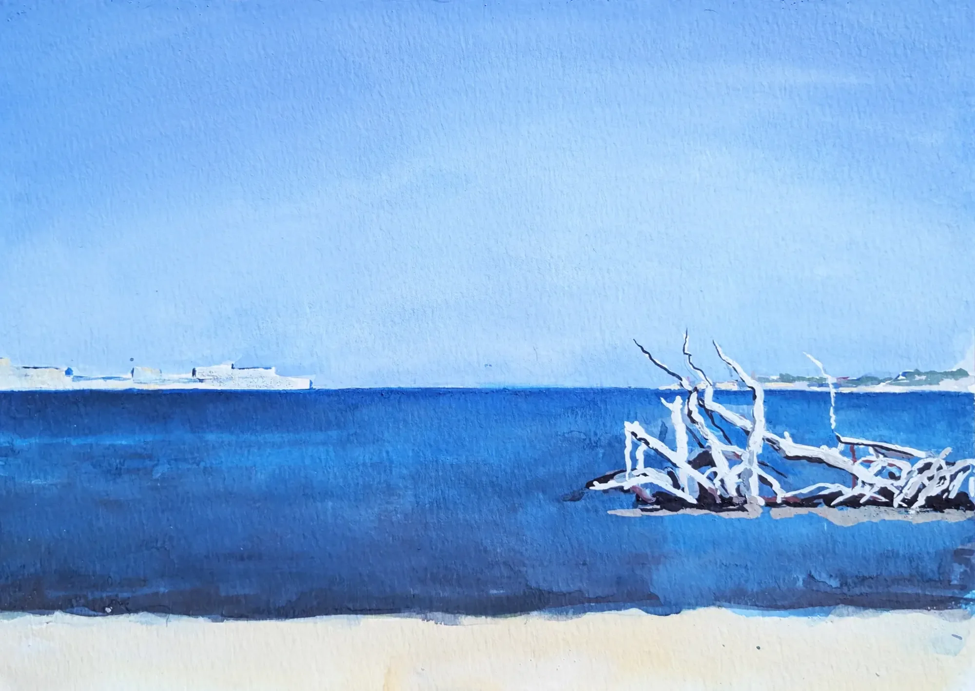 Gouache painting of flotsam and tree trunk in the sea near Ortigia