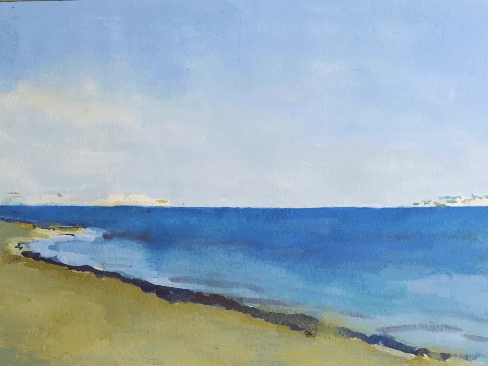 Gouache painting of the distant horizon and Ortigia
