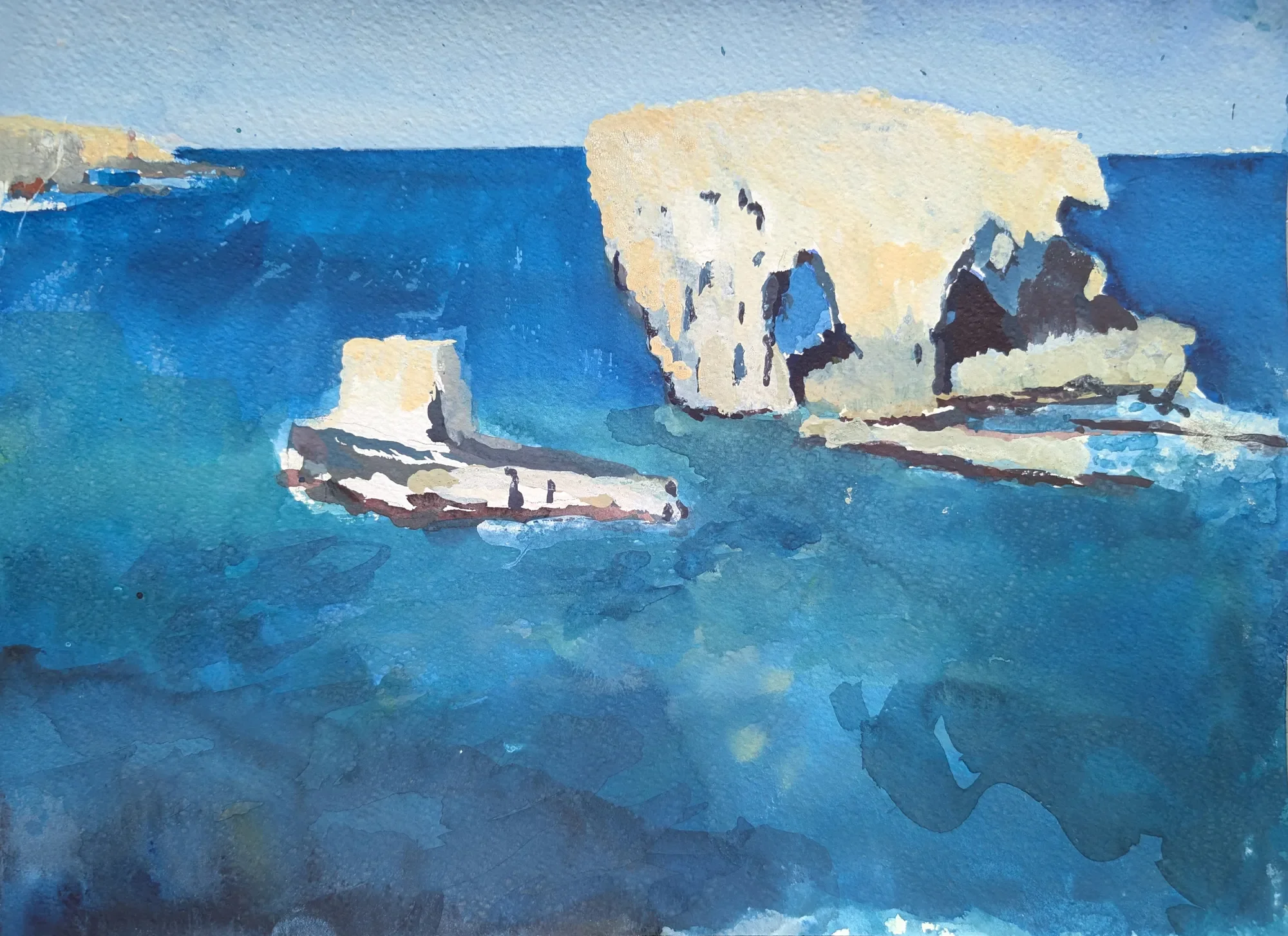 Gouache painting of sea view with the Due Fratelli stacks