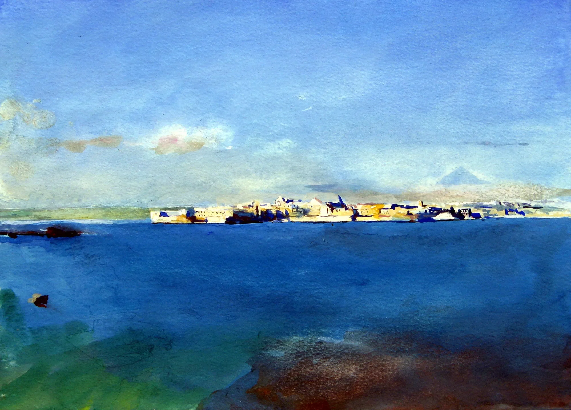 Gouache painting of sea view near Siracusa with Mount Etna in the distance