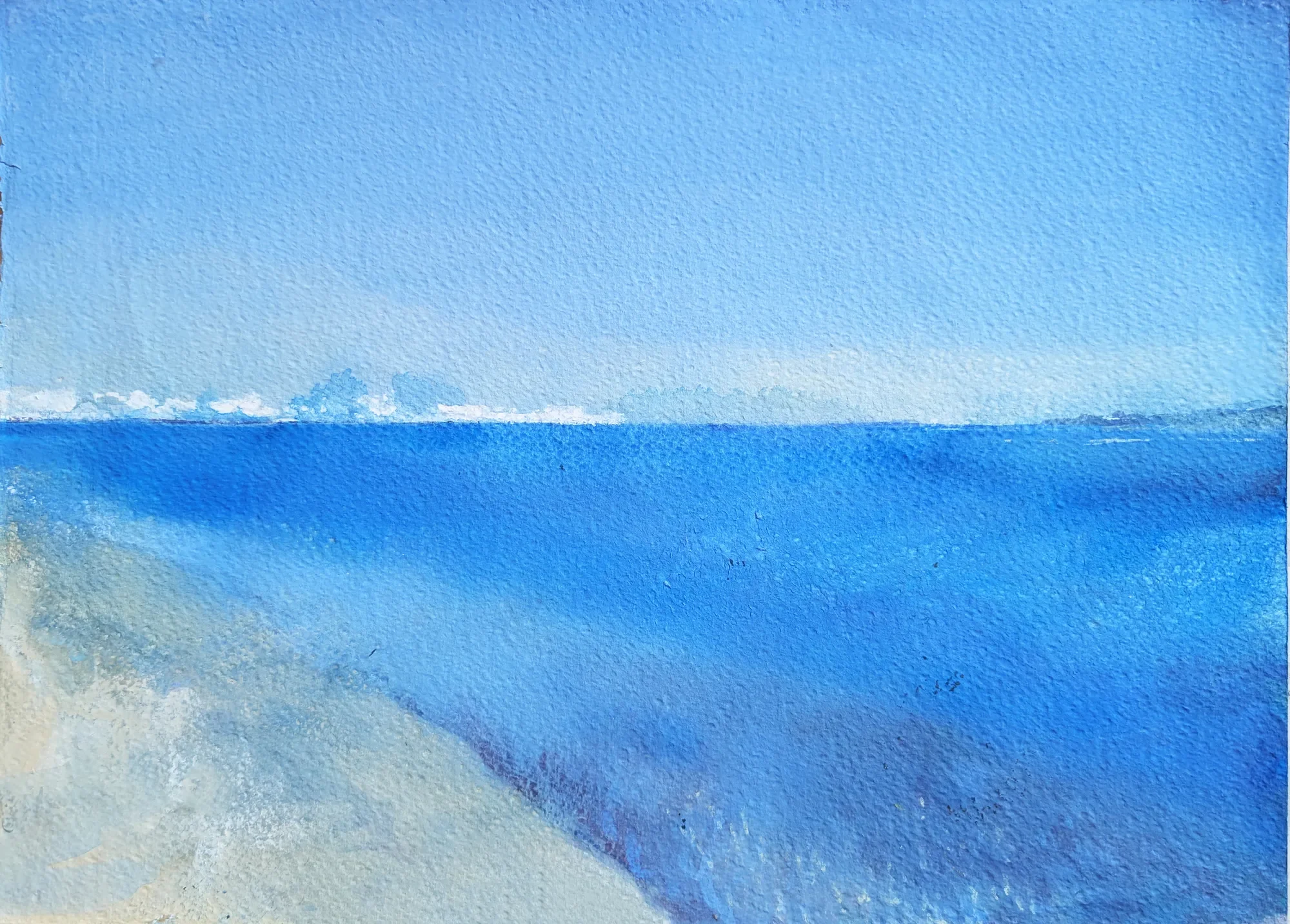 Gouache painting of the Anapo estuary meeting the sea near Syracuse