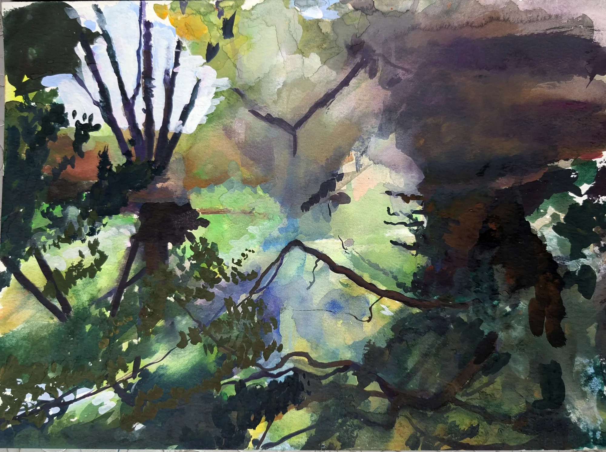 Gouache abstract study of trees and river on the Stour in Canterbury