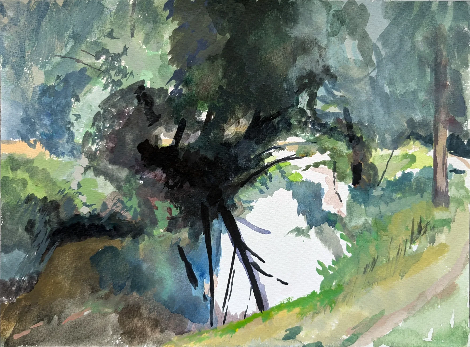 Gouache painting of the River Stour seen across the water in Canterbury