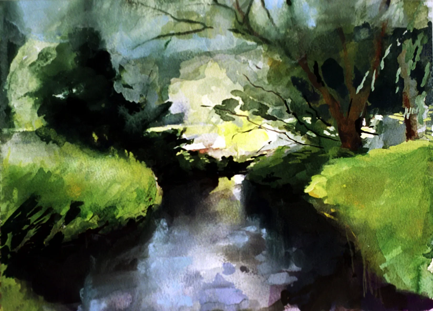 Gouache painting of bright light above the River Stour