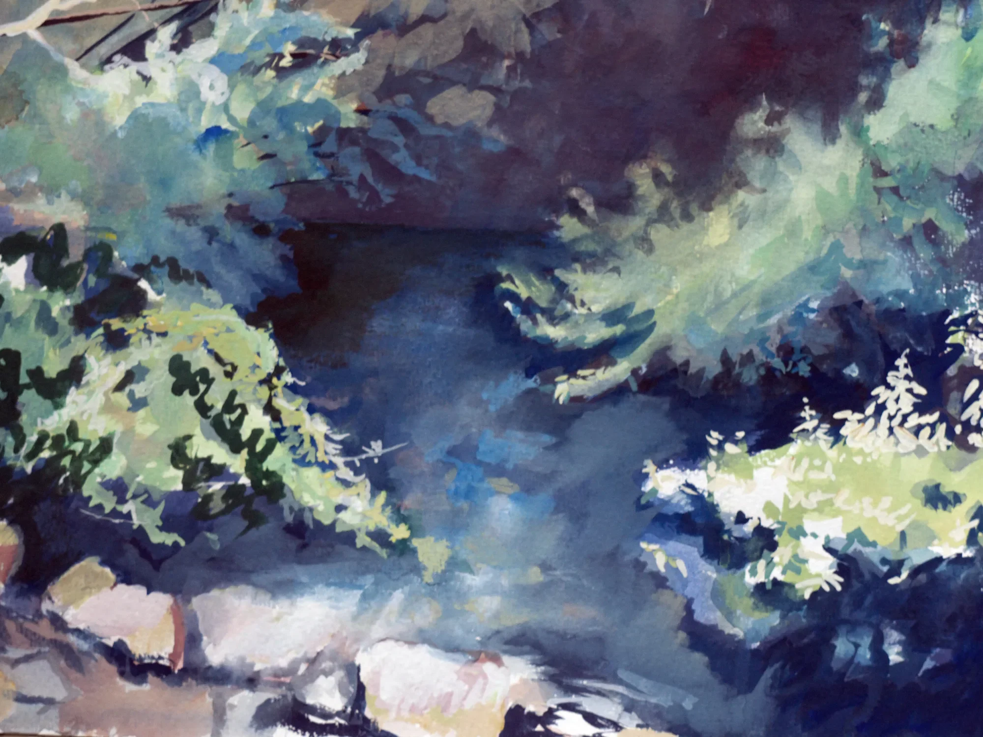 Gouache painting of summer foliage over the River Stour
