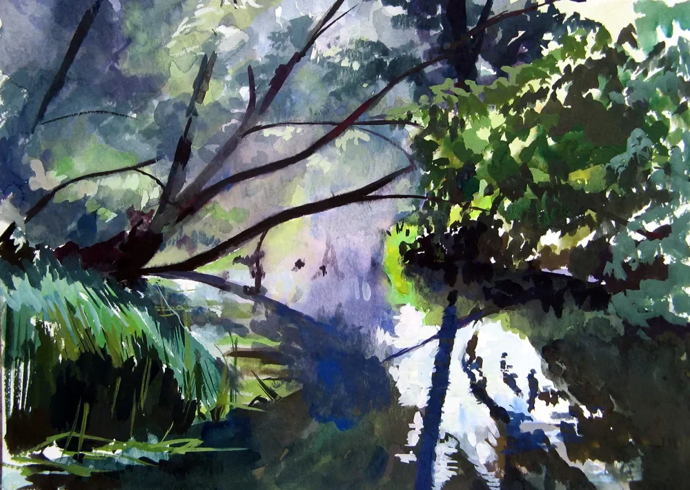 Gouache painting of the River Stour in a magic realist style