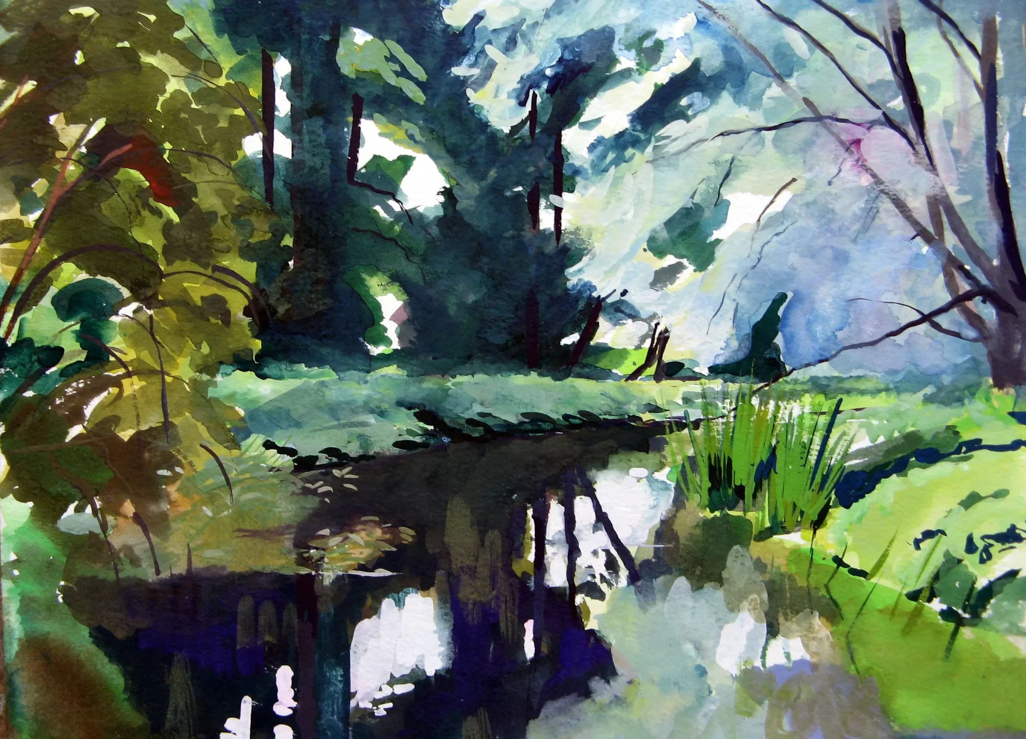 Gouache painting of purple and green reflections on the River Stour