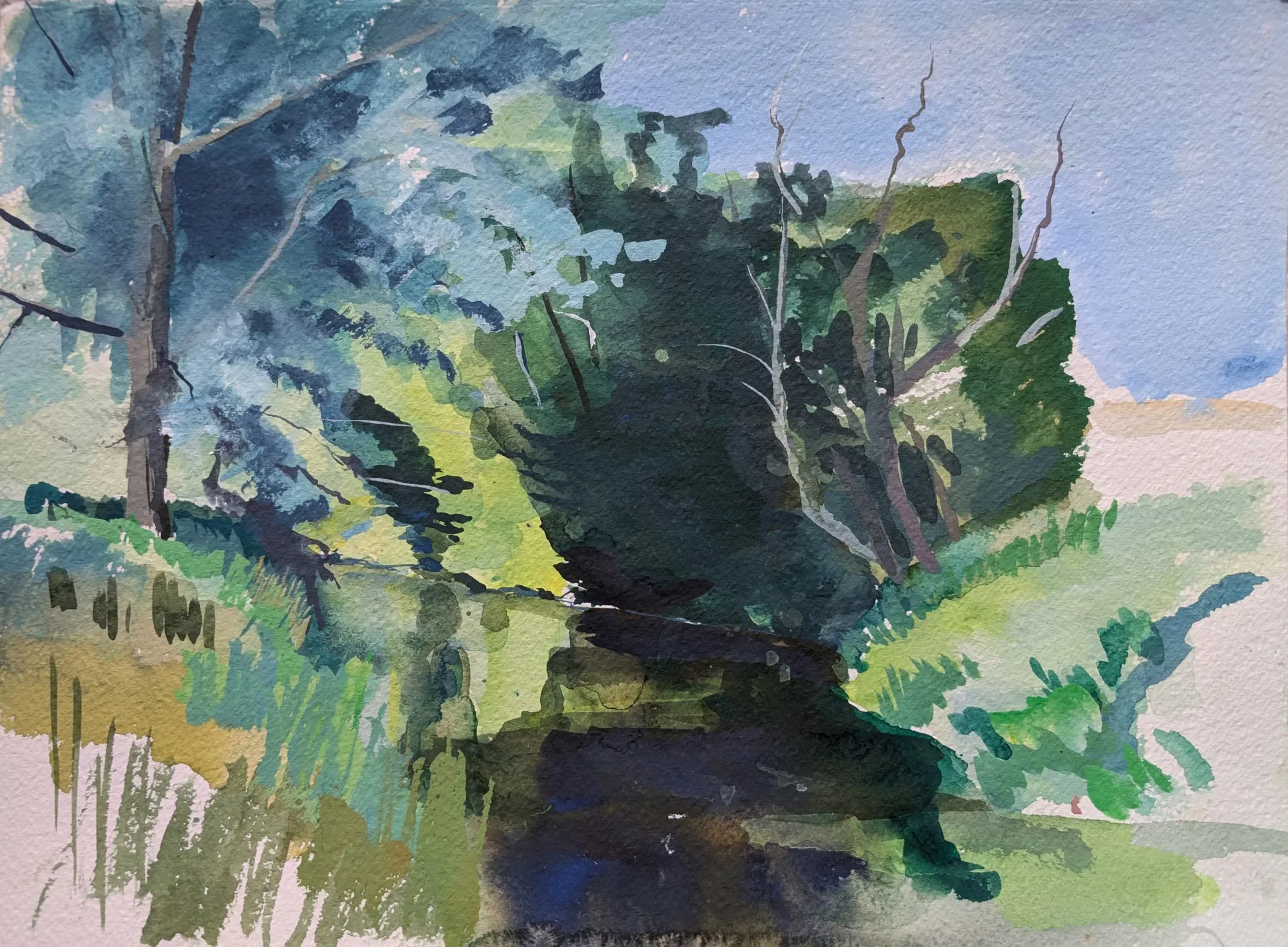 Gouache painting of sunlight on the River Stour