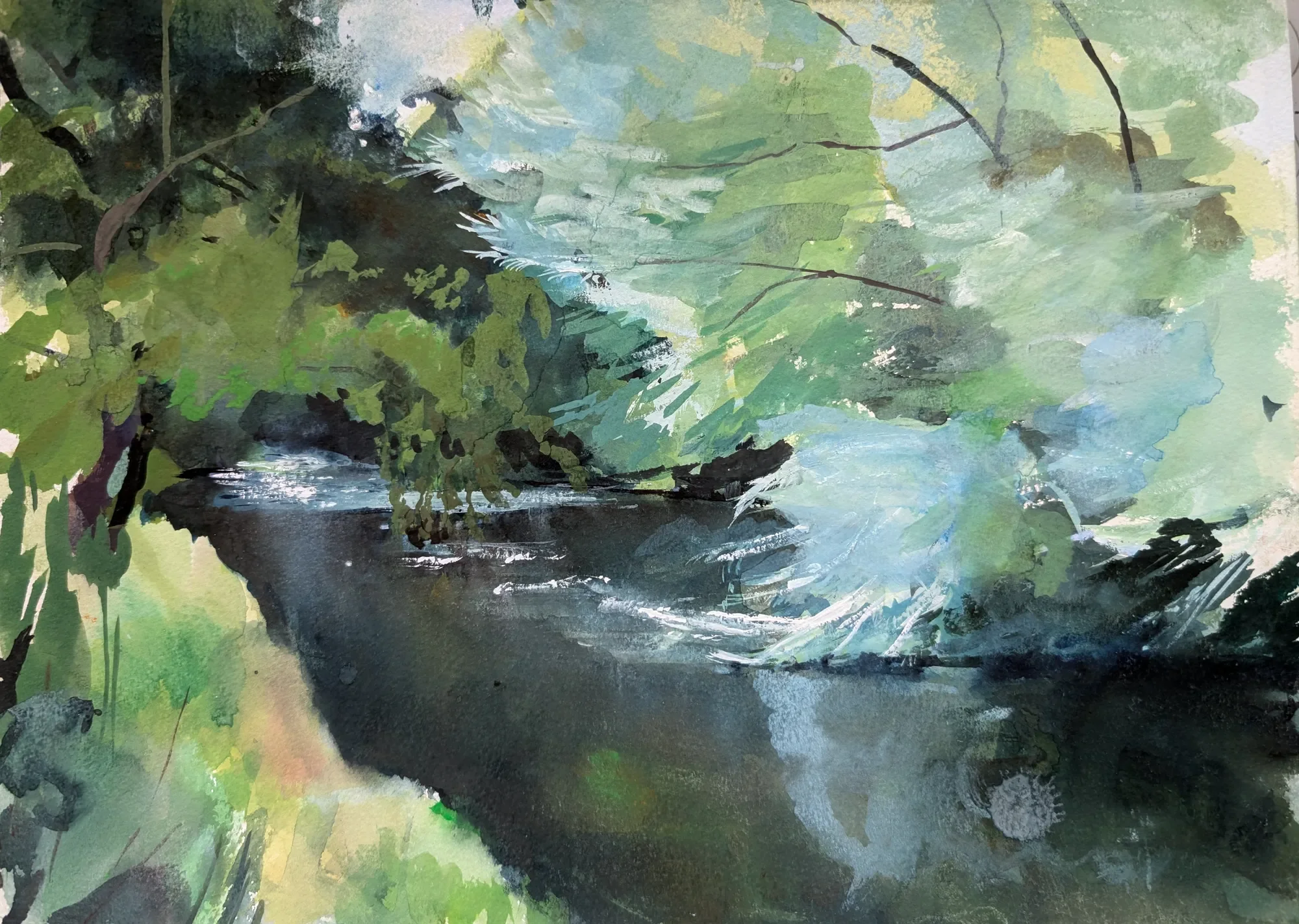 Gouache painting of a riverside walk along the River Stour