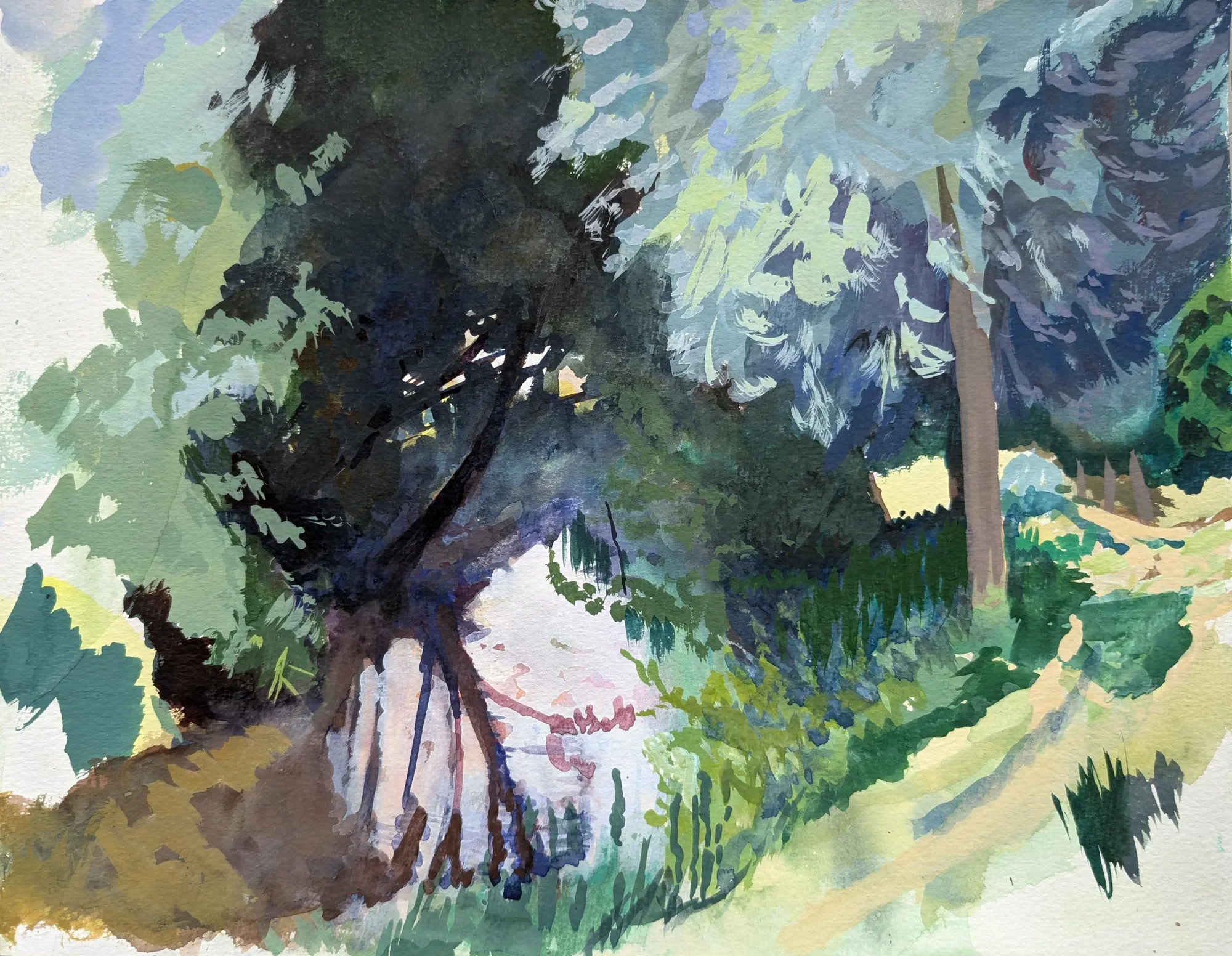 Gouache painting of willow trees on the River Stour in Canterbury