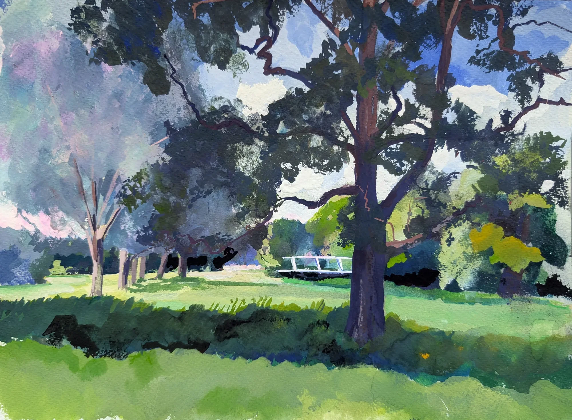 Gouache painting of oak shade along the River Stour bank