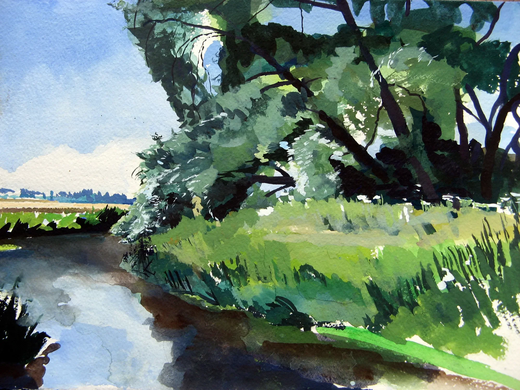 Gouache painting of a summer bend on the River Stour