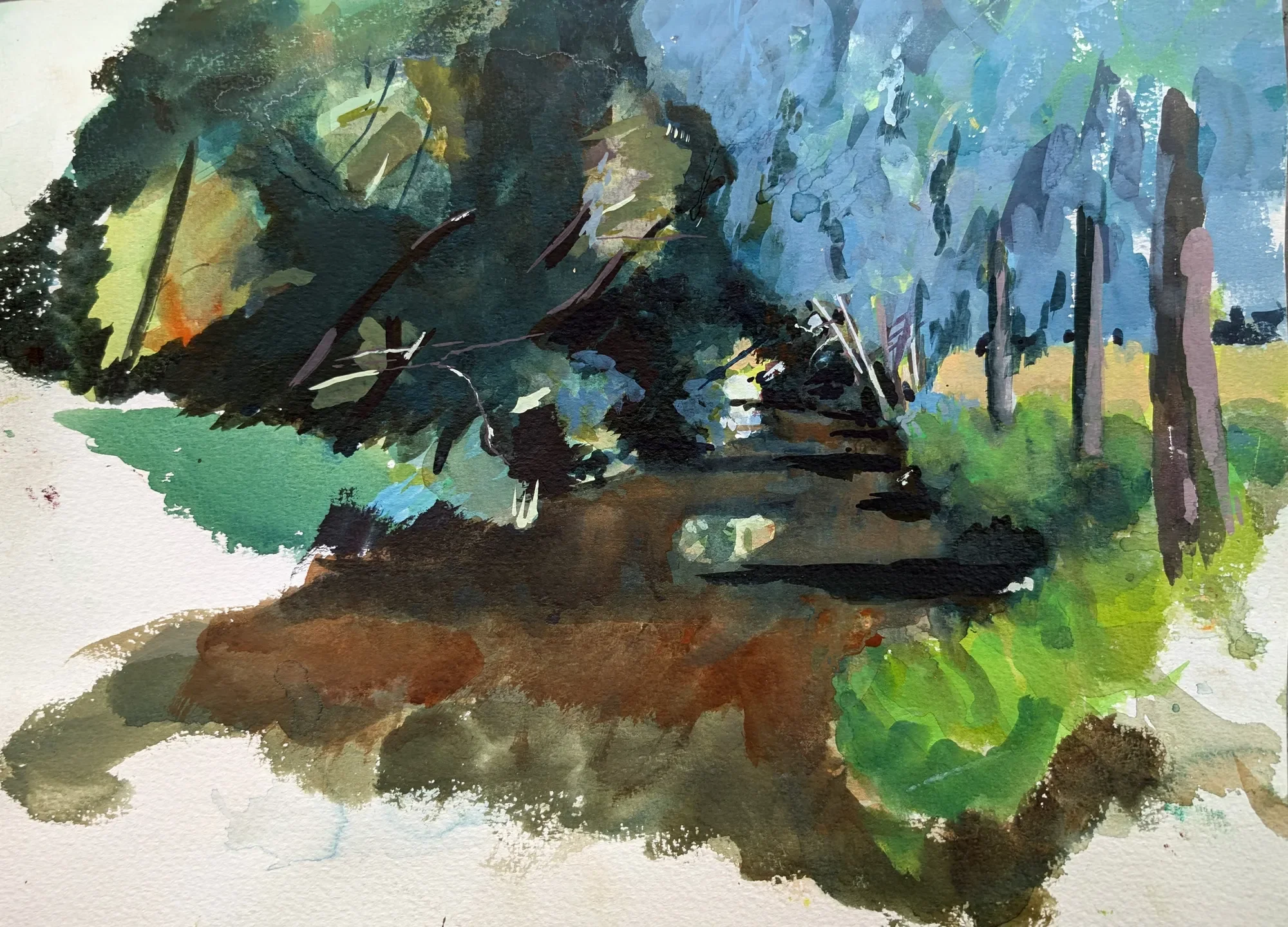 Gouache painting of swollen River Stour with willow trees