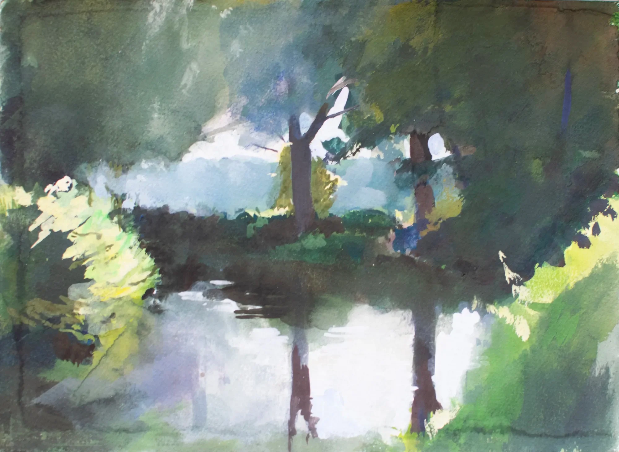 Gouache painting of tree trunk reflections in the River Stour