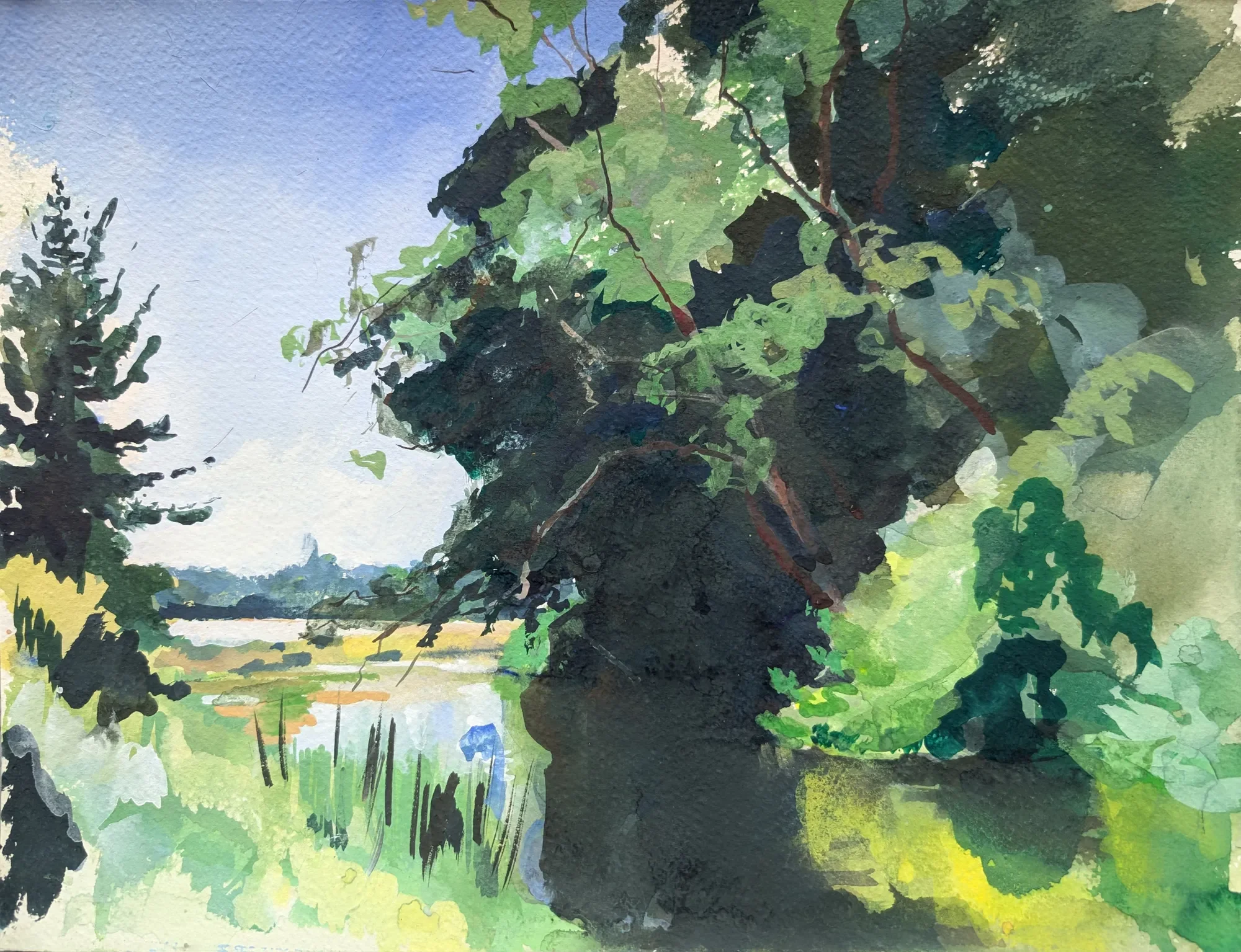 Gouache painting of water and sky on a summer morning by the River Stour