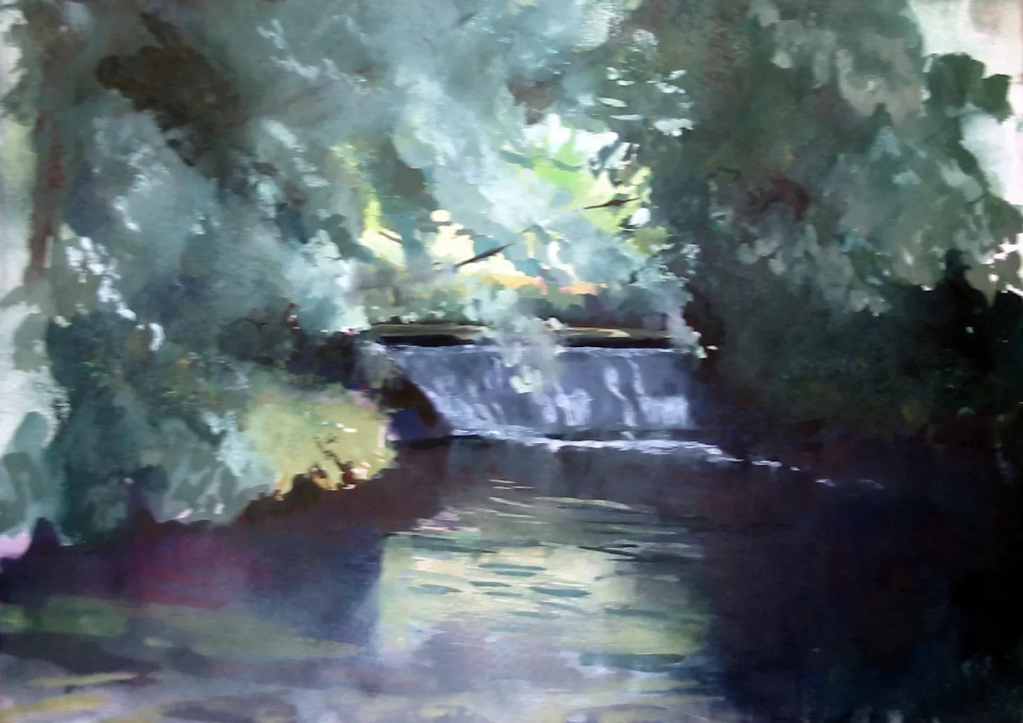 Gouache painting of the River Stour weir at Chartham