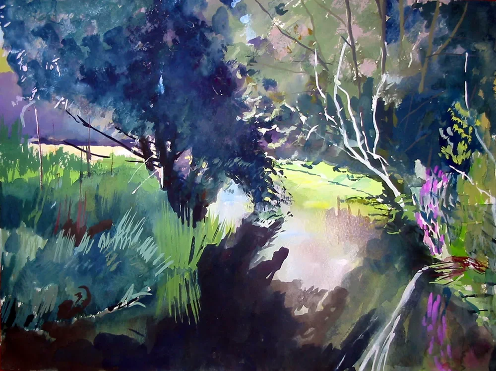 Gouache painting of the River Stour with purple loosestrife