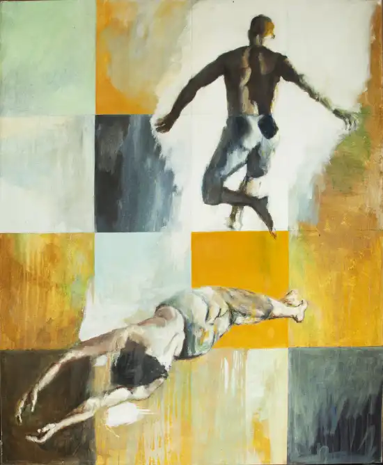 Two dancers suspended in mid-air during a dance duet.