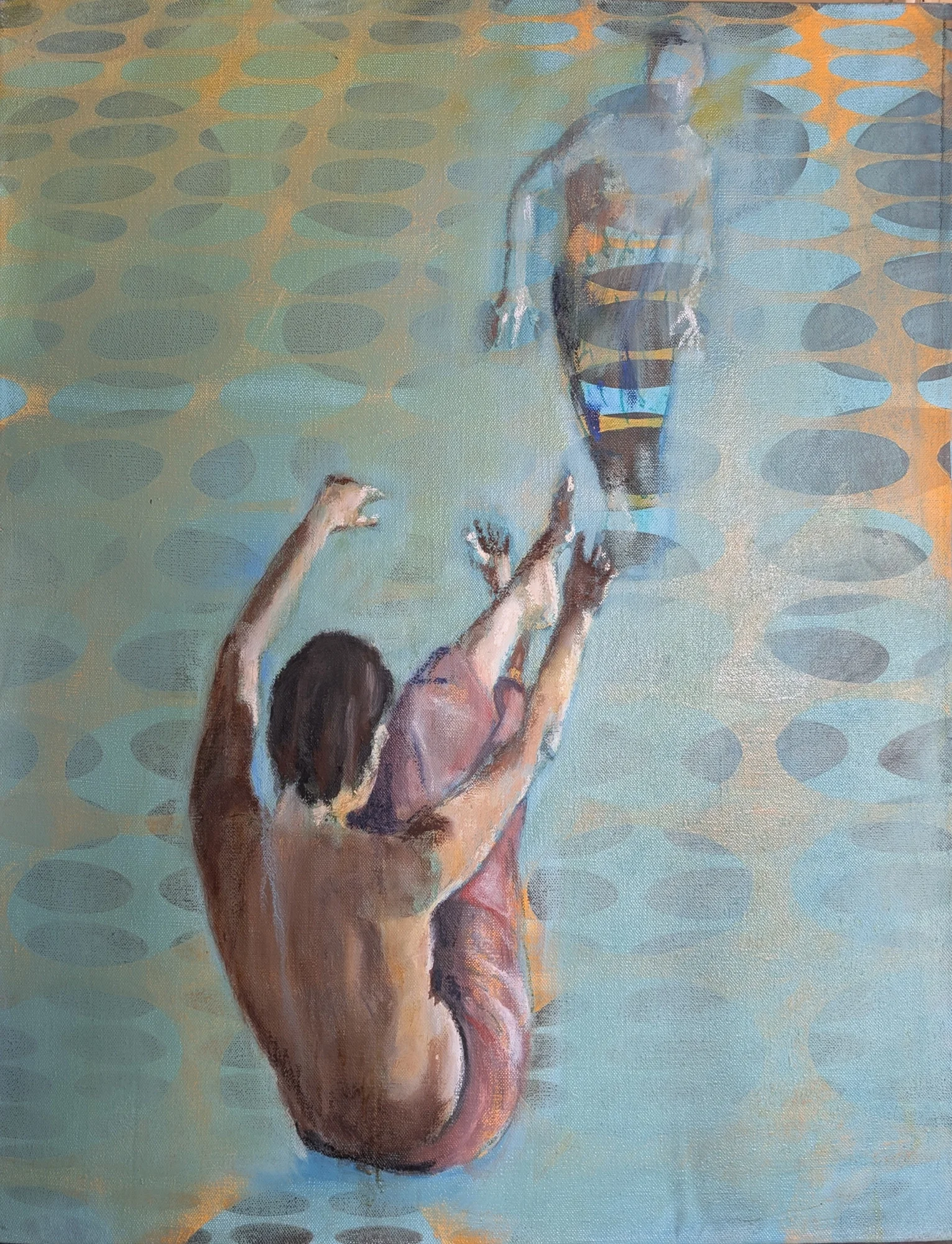 Two dancers in asymmetric improvised movement within a geometric structure