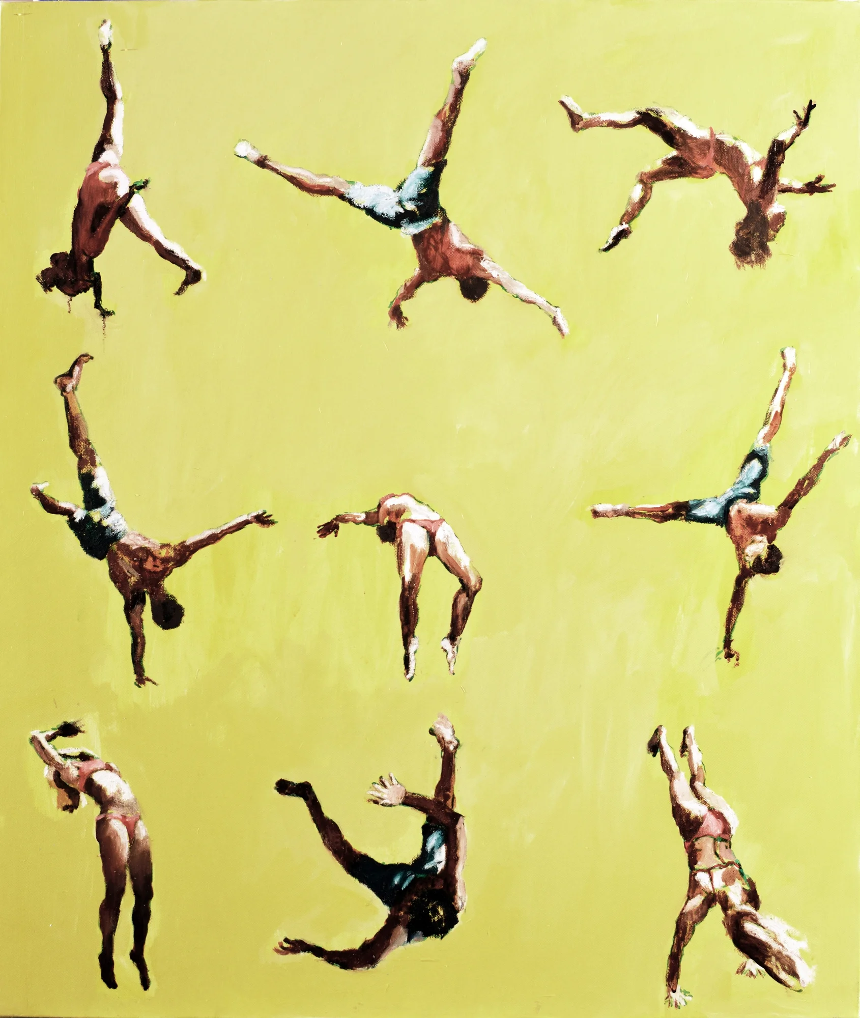 Tumbling acrobats spinning in circular motion against a bright yellow background
