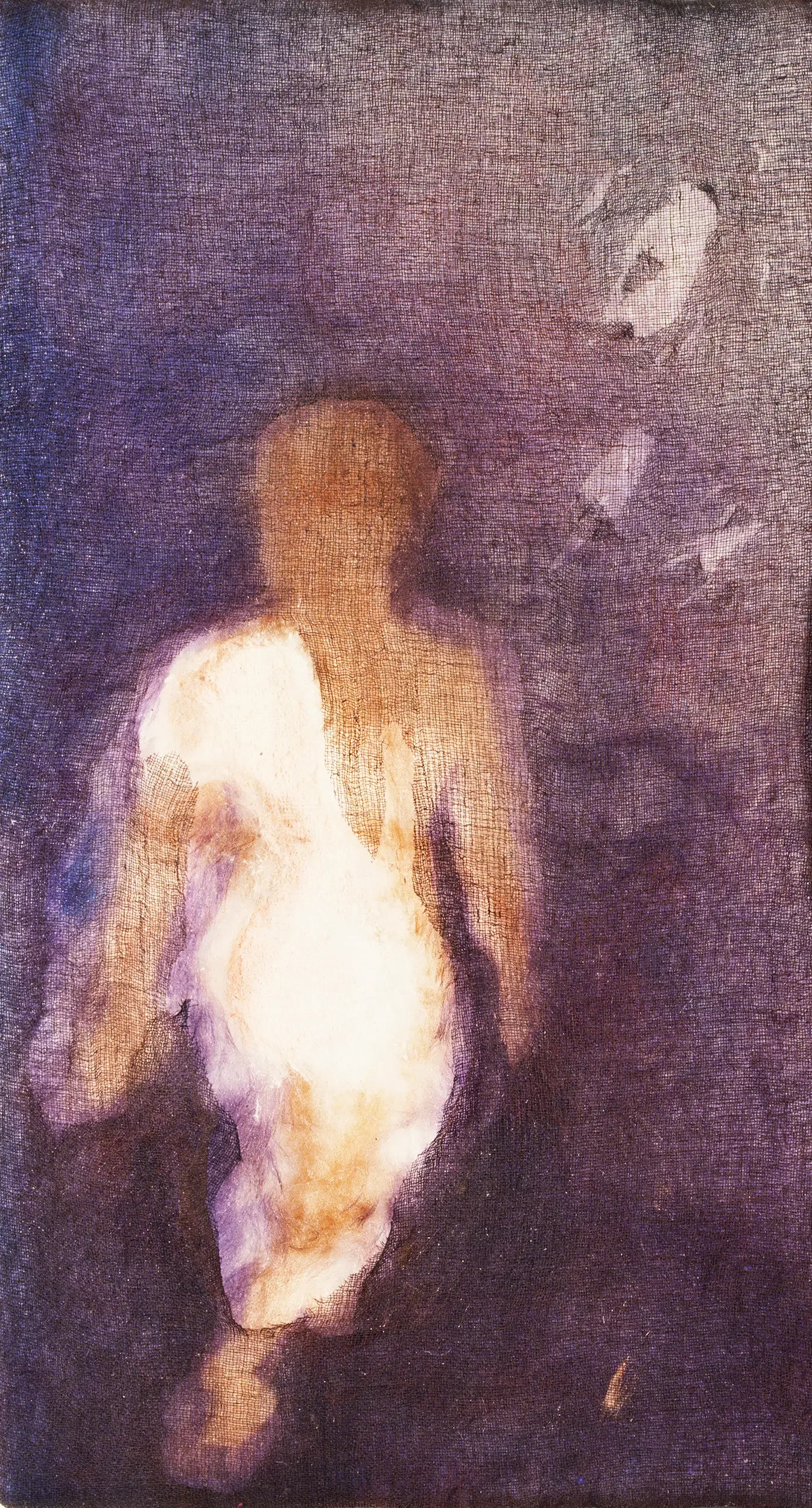 Female figure partially disappearing through orange acrylic fur under a tarlatane veil