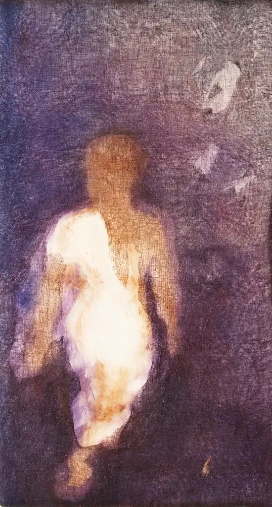 Female figure partially disappearing through orange acrylic fur under a tarlatane veil