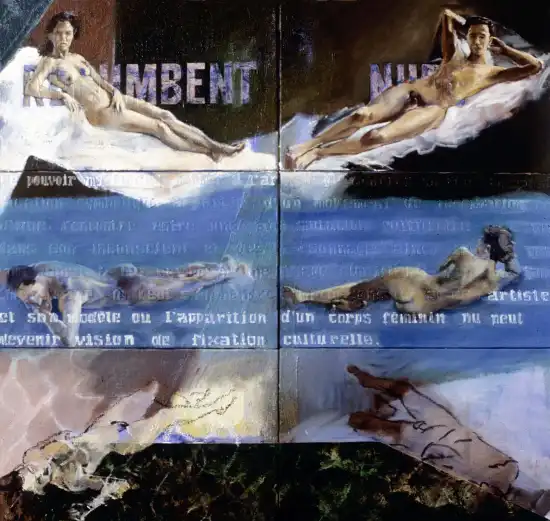 Recumbent nude figure emerging through embossed surface text