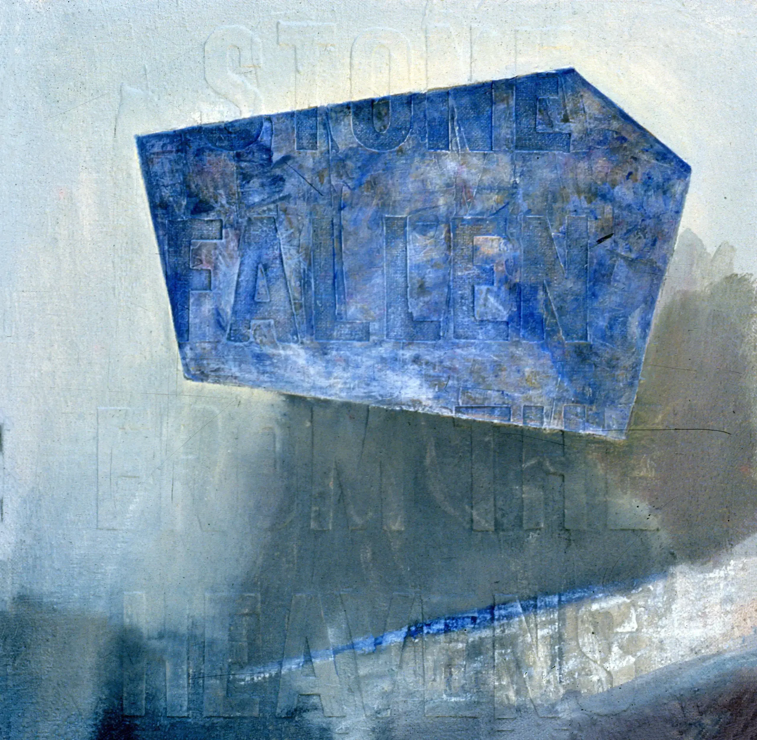 Embossed text painting suggesting a falling stone