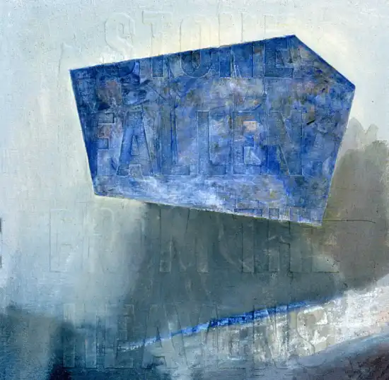 Embossed text painting suggesting a falling stone