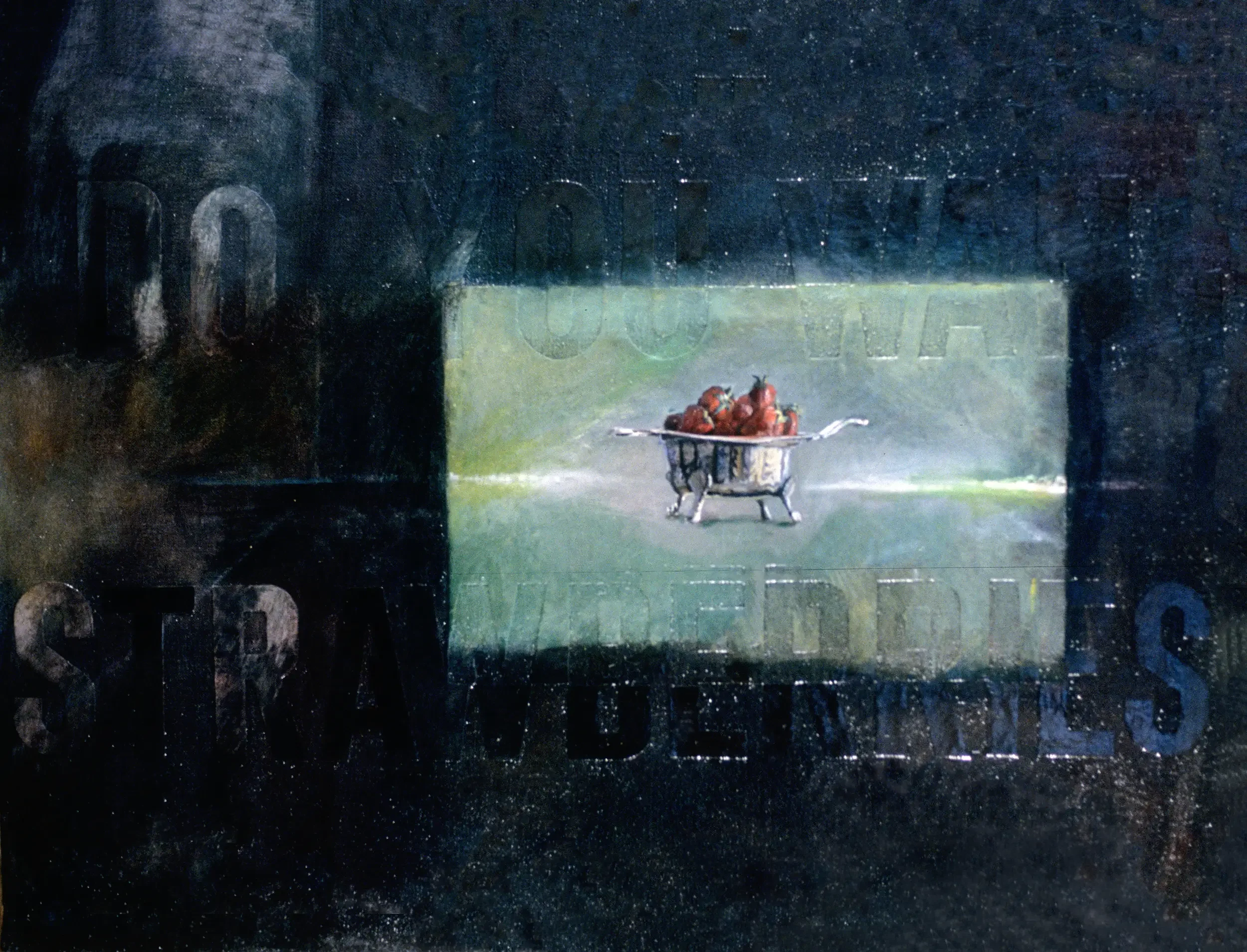 Embossed text surface with forms suggesting strawberries