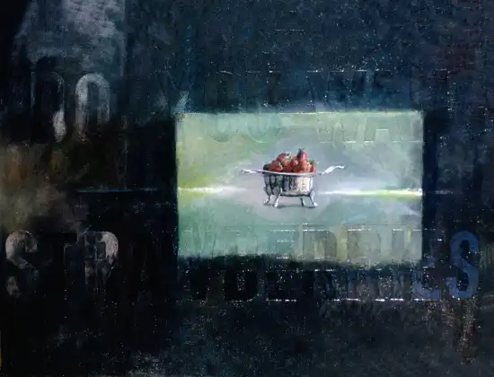 Embossed text surface with forms suggesting strawberries